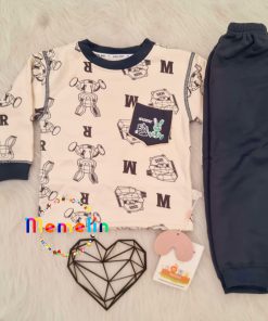 ست دو تکه کودک بچگانه تیشرت و شلوار داخل خز خرگوش ماشینی رنگ ذغالی