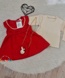 لباس بچگانه کودک ست سه تکه درجه یک وارداتی کیفیت اورجینال بلوز آستین بلند آستین تور دار و سارافون و کیف طرح خرگوش مناسب یک تا پنج سال رنگ قرمز