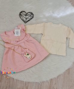 لباس بچگانه کودک ست سه تکه درجه یک وارداتی کیفیت اورجینال بلوز آستین بلند آستین تور دار و سارافون و کیف طرح خرگوش مناسب یک تا پنج سال رنگ صورتی