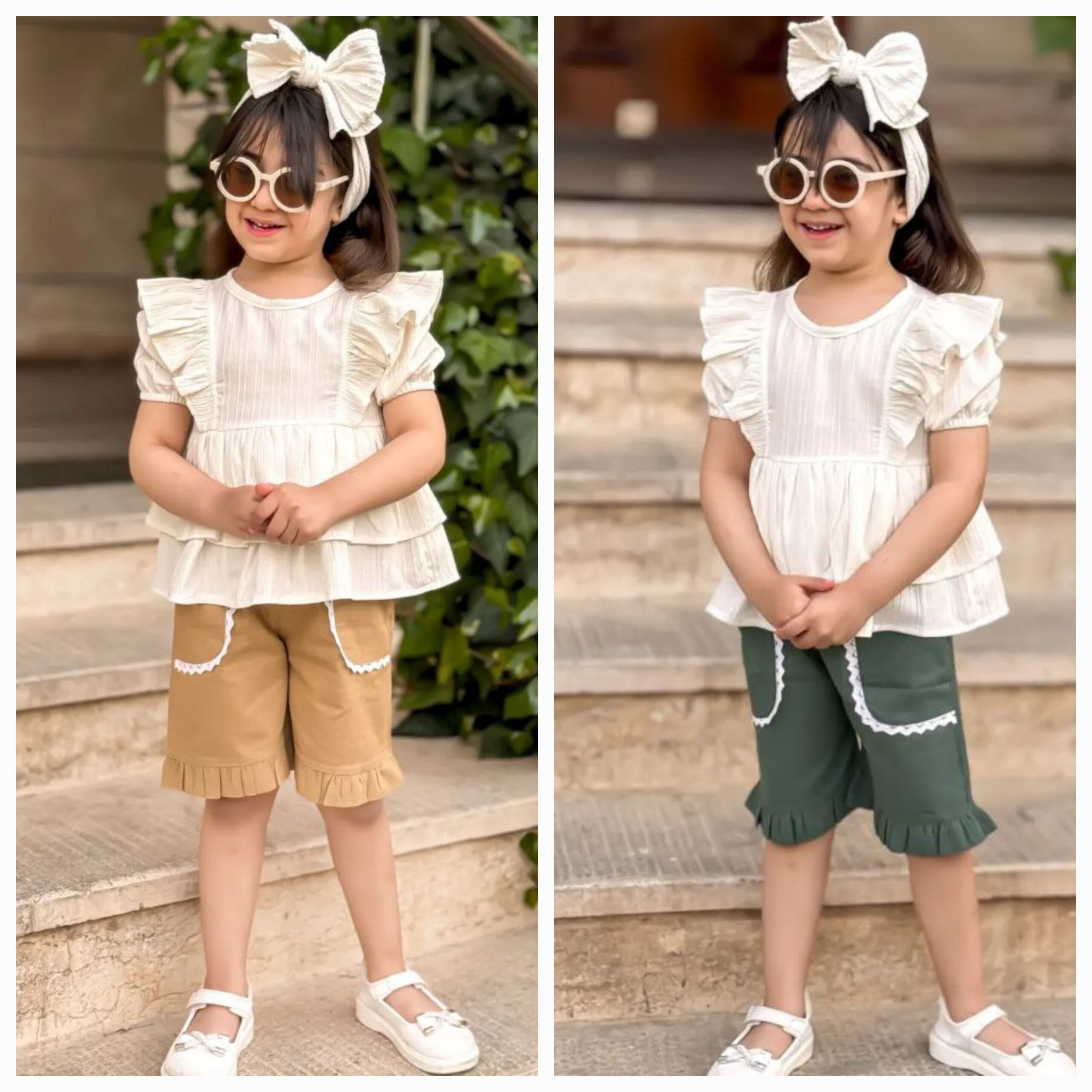 لباس بچگانه دخترانه کراپ و شلوارک سلین رنگ سبز و نخودی مناسب یک تا هفت سال