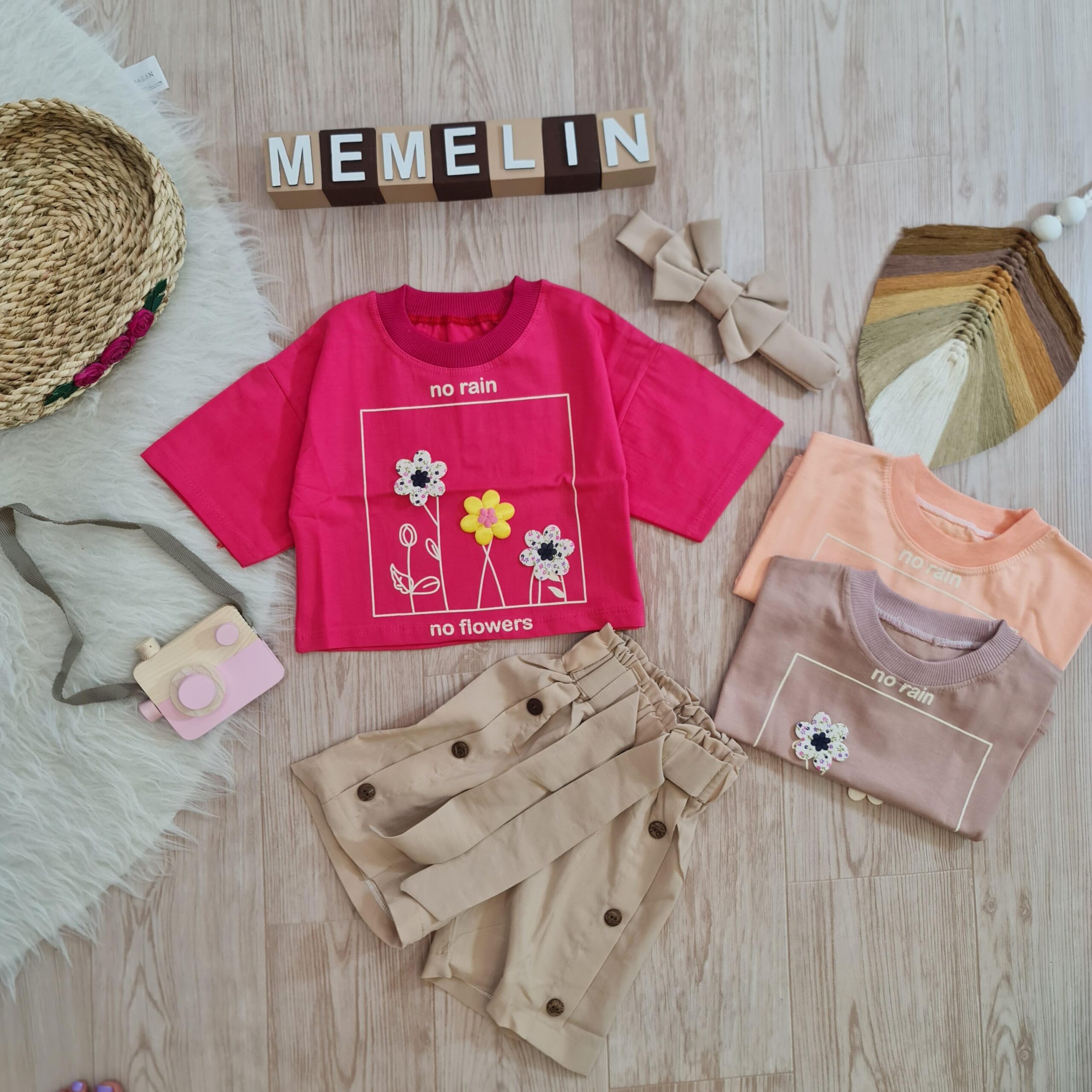 لباس دخترانه ست سه تکه کراپ شلوارک به همراه تل مناسب دو تا هشت سال