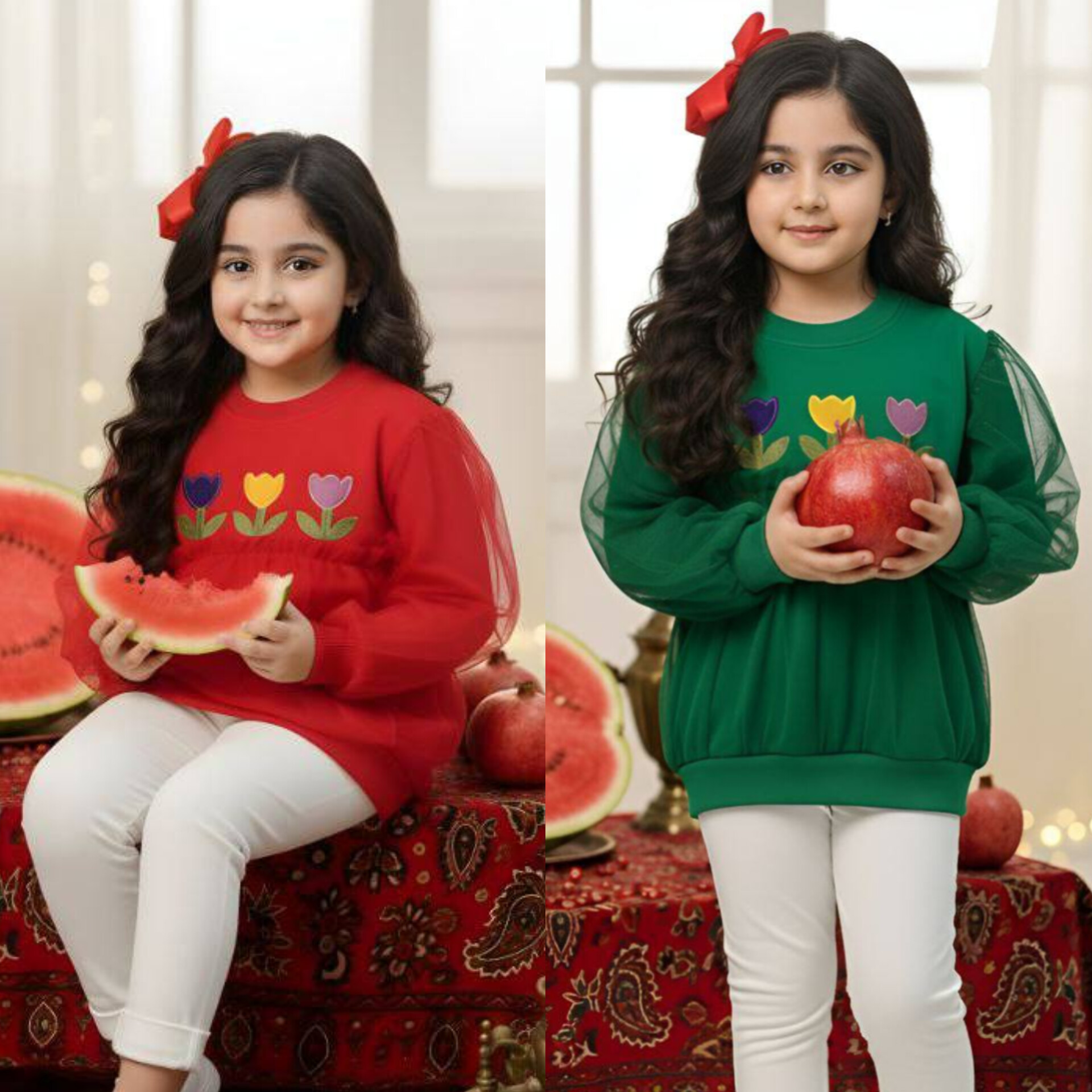 بلوز یلدا  پاییزه آستین بلند دخترانه گلدوزی مجلسی لاله مناسب دو تا هشت سال